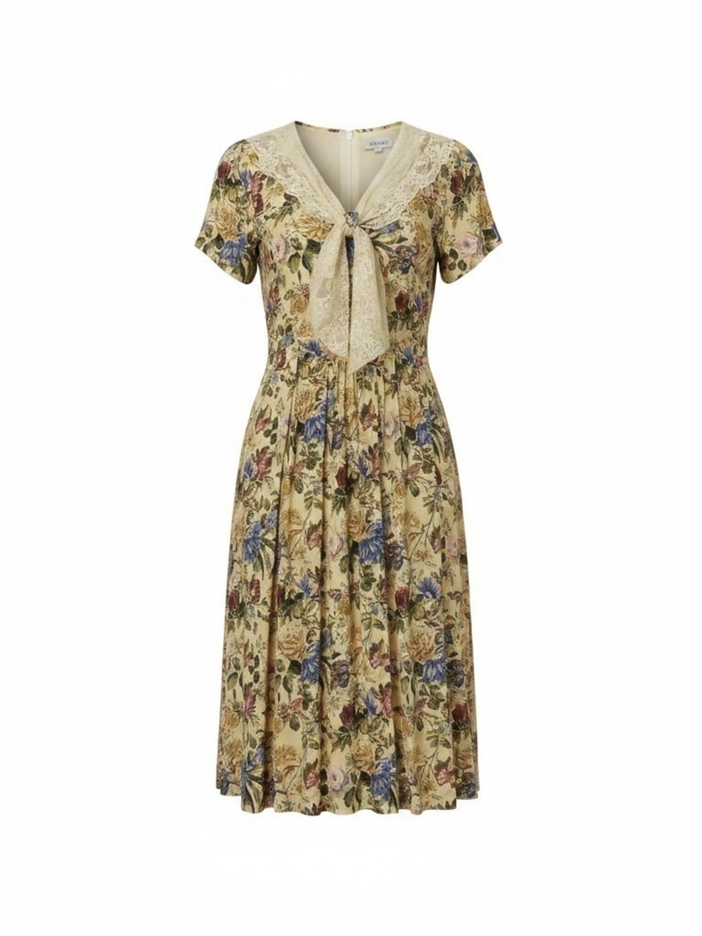 Vintage 90s Cottagecore Floral Rayon Dress Lace Bow VNeck Midi Tea Dress Sz6